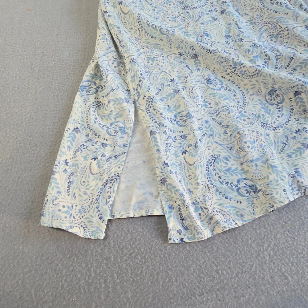 Lucky Brand Maxi Dress Womens 1X Blue Paisley Linen Blend Button Front Tie Waist - Picture 3 of 8
